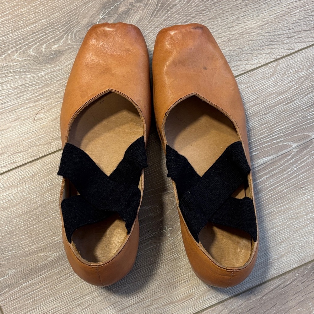 Tan Ballet Flats with Black Straps - Picture 2 of 8